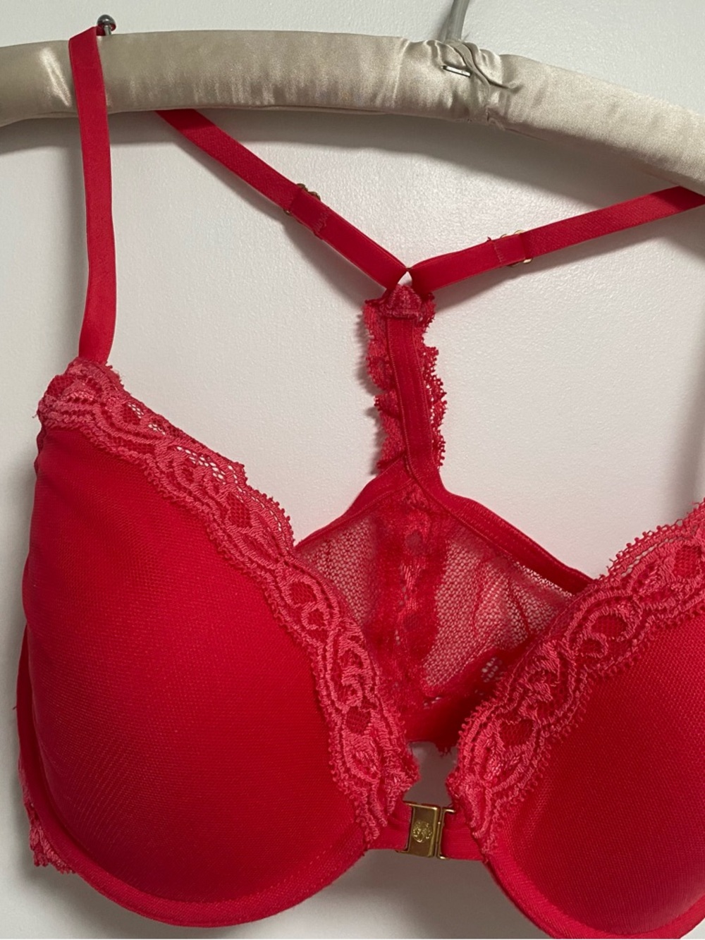 Natori Feathers 34C Red Lace Front Clasp Racerback Push-Up Bra